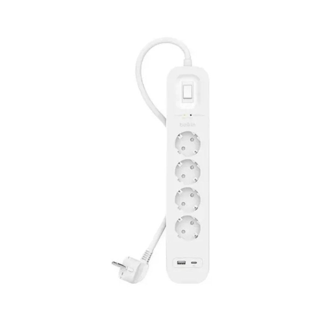 Belkin SRB001VF2M-V2 Multipresa con protezione da sovratensioni, 4 prese, USB-C e USB-A, cavo 2 m, bianca