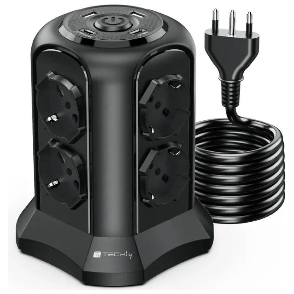Techly Multipresa a Torretta Salvaspazio 8 Prese con USB-A e USB-C, 4000 W, Nera