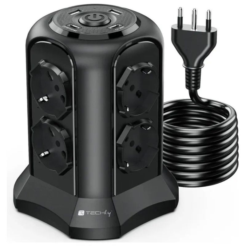 Techly Multipresa a Torretta Salvaspazio 8 Prese con USB-A e USB-C, 4000 W, Nera