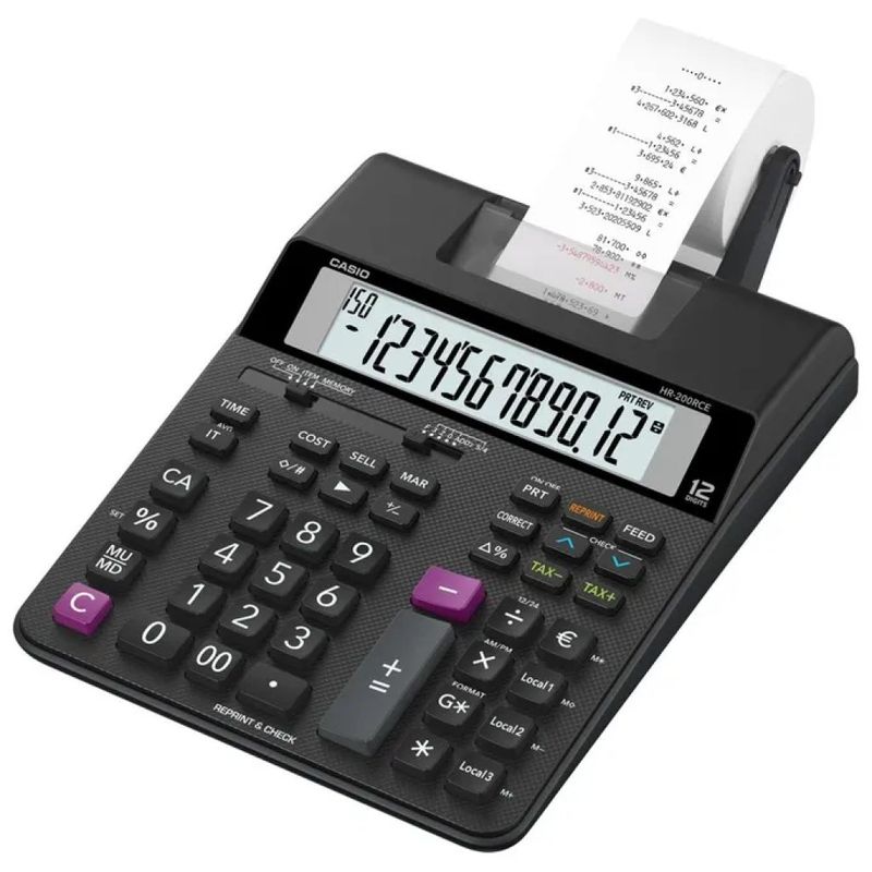 Casio HR-200RCE-W-EC Calcolatrice Scrivente 12 Cifre, Nero