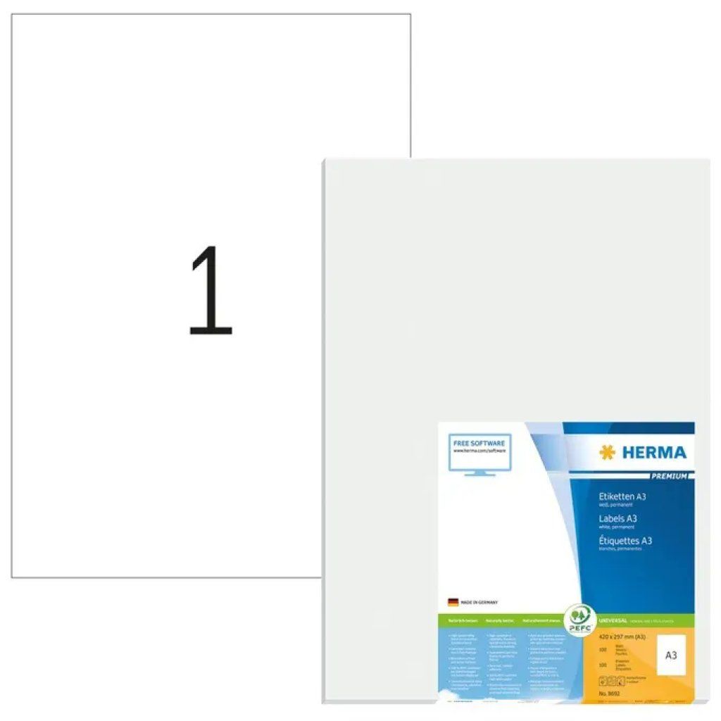 HERMA 8692 Etichette Adesive A3 Bianche, 297 × 420 mm, Permanenti, 100 Fogli