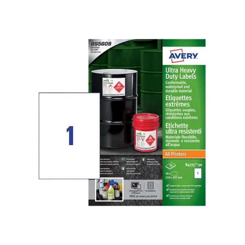 Avery B4775-50 Etichette A4 in Teslin, Bianche, Impermeabili, 50 Fogli