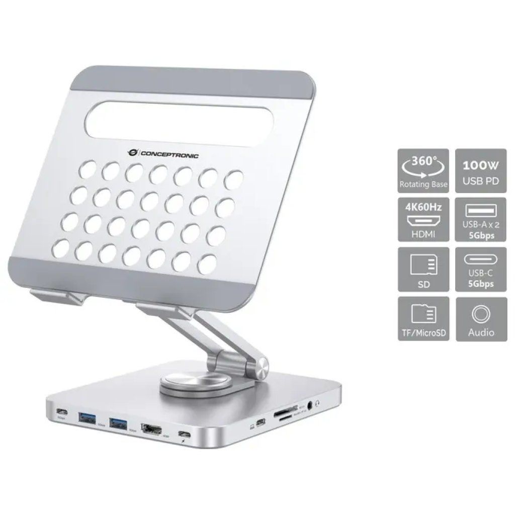 Conceptronic DONN26G – Supporto per Tablet con Docking Station 8-in-1, HDMI 4K e Power Delivery 100 W, Argento