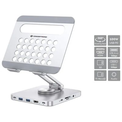 Conceptronic DONN26G – Supporto per Tablet con Docking Station 8-in-1, HDMI 4K e Power Delivery 100 W, Argento