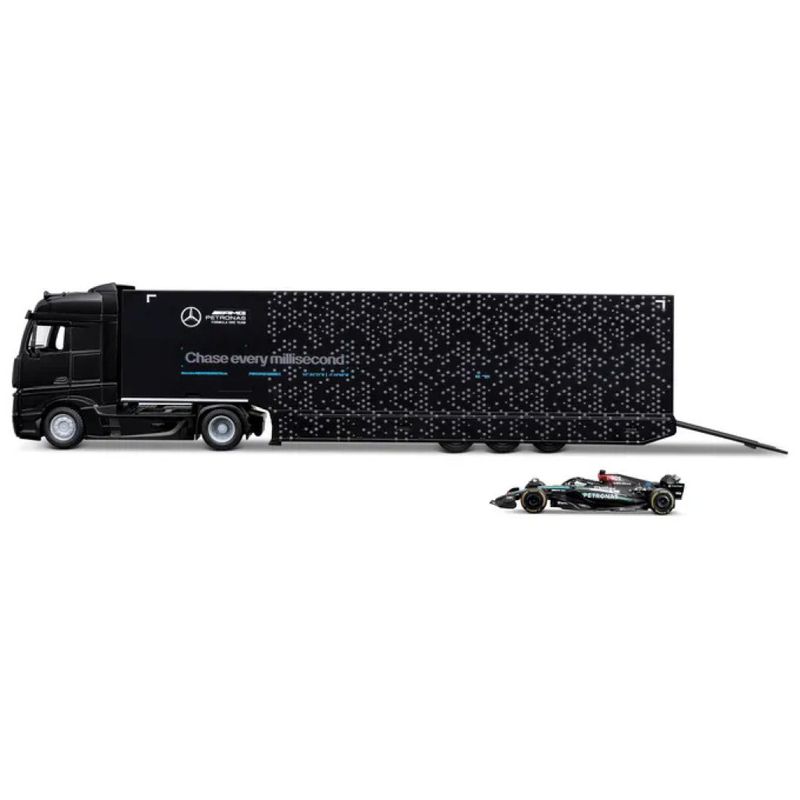 Bburago Mercedes-AMG F1 2024: camion e monoposto W15 #63, scala 1:43