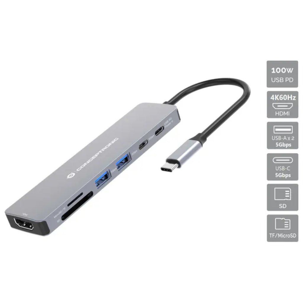 Conceptronic DONN28G Hub USB-C 5 porte con 4K, PD 100W e lettore SD