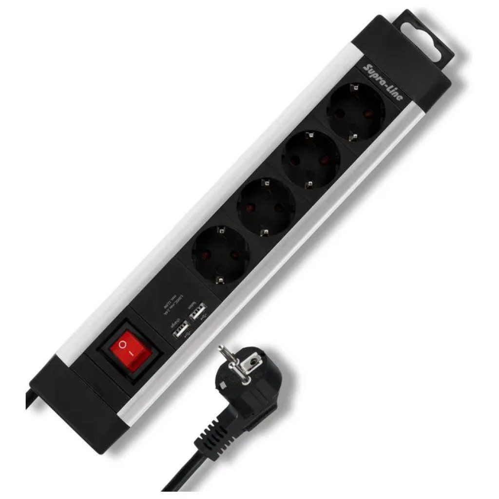 REV Supraline Multipresa 4 Prese con 2 USB, Interruttore e Cavo da 2,2 m, 3500 W, Argento