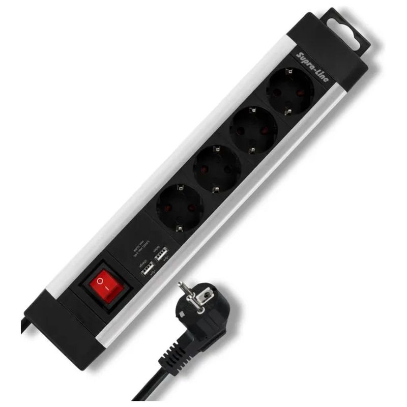 REV Supraline Multipresa 4 Prese con 2 USB, Interruttore e Cavo da 2,2 m, 3500 W, Argento