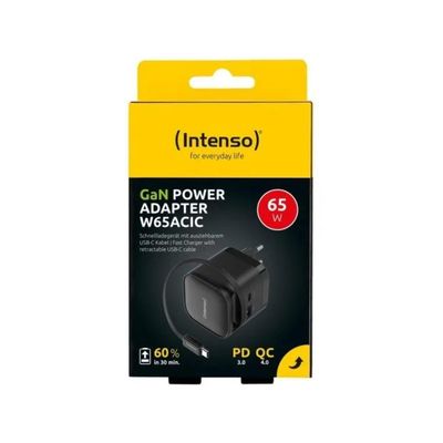 Intenso W65ACIC Caricatore GaN USB-C 65 W con cavo estraibile, USB-A e PD/PPS, Nero