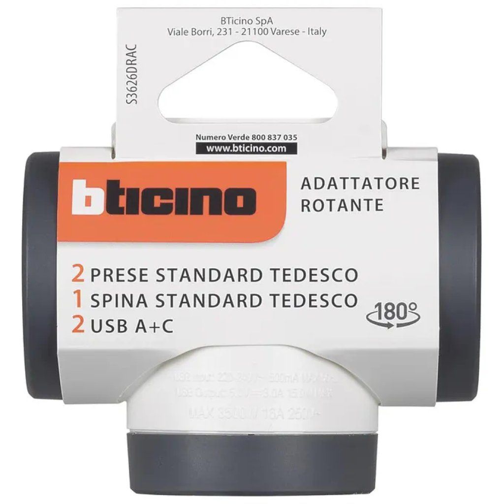 BTicino Adattatore Rotante con 2 Prese Schuko e 2 Porte USB