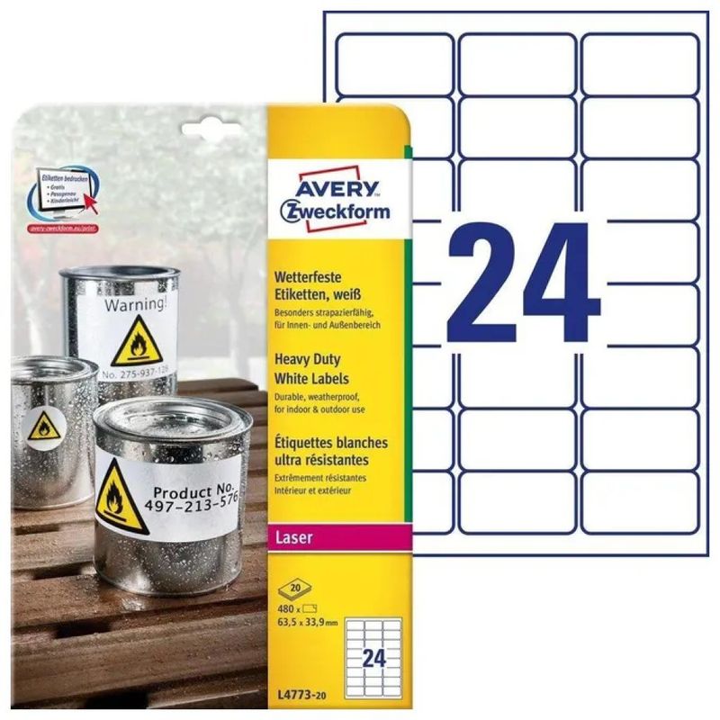 Avery L4773-20 Etichette in Poliestere per Stampanti Laser, 63,5 × 33,9 mm, 480 Pezzi