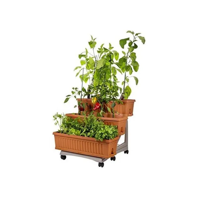 BAMA L’Orto 32000 – Set da 3 fioriere a gradini con ruote, riserva d’acqua 90 L, terracotta