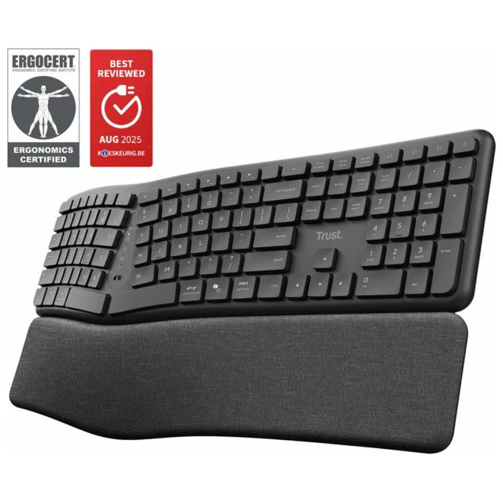 Trust Keyra 25459 – Tastiera Wireless Ergonomica Bluetooth, QWERTY Full Size, Nera