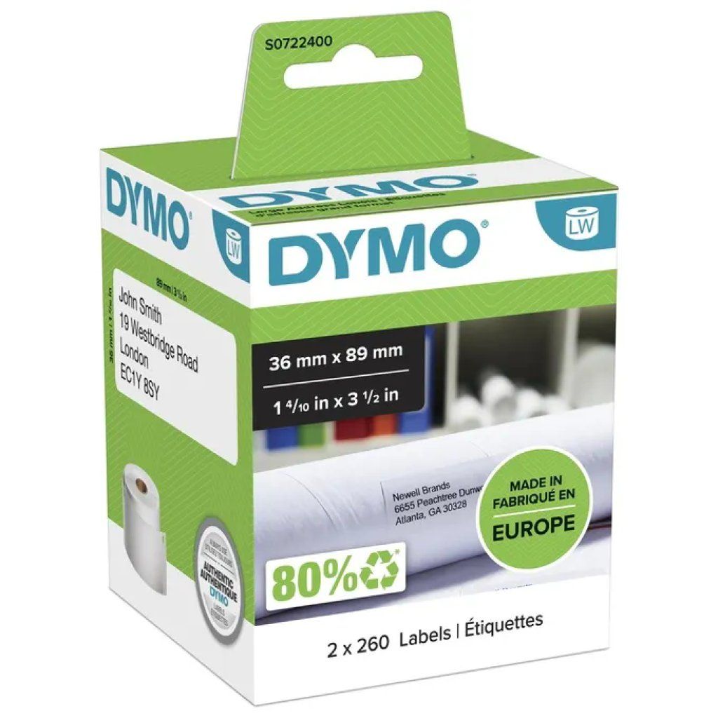 DYMO S0722400 LabelWriter – Etichette per indirizzi, 89 × 36 mm, 2 rotoli, 520 pezzi