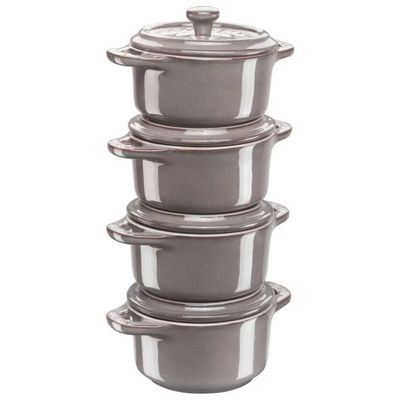 Staub Set 4 Mini Cocotte in Ceramica con Coperchio, 200 ml, Grigio Antico