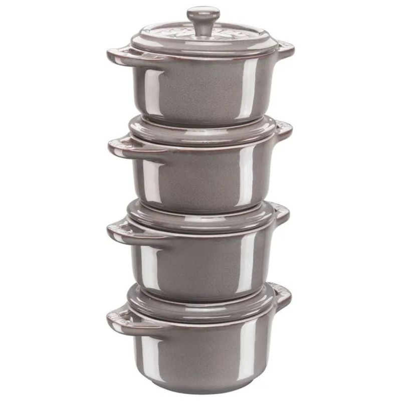 Staub Set 4 Mini Cocotte in Ceramica con Coperchio, 200 ml, Grigio Antico