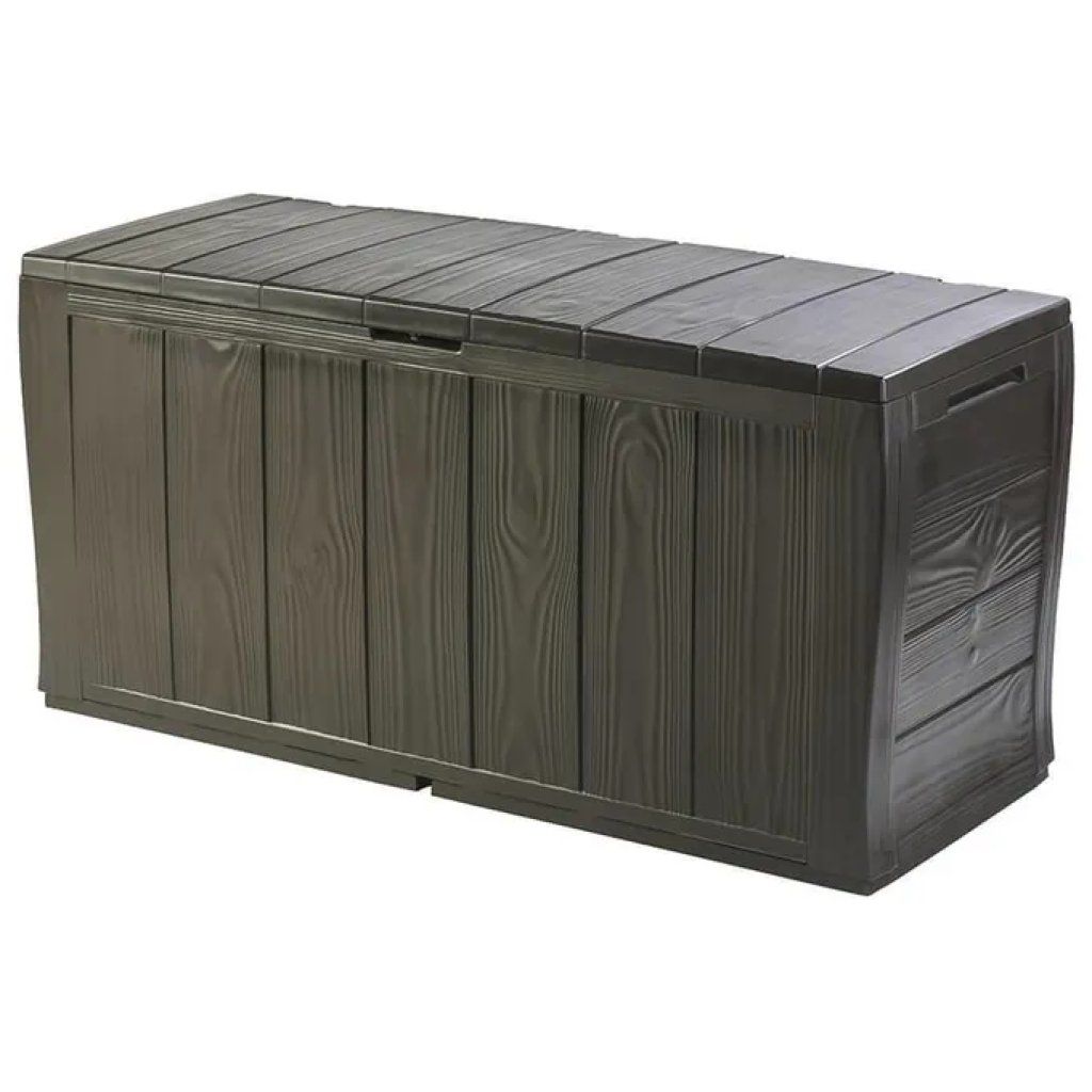 Keter Sherwood Baule da Giardino 270 L con Seduta, Ruote ed Effetto Legno Marrone