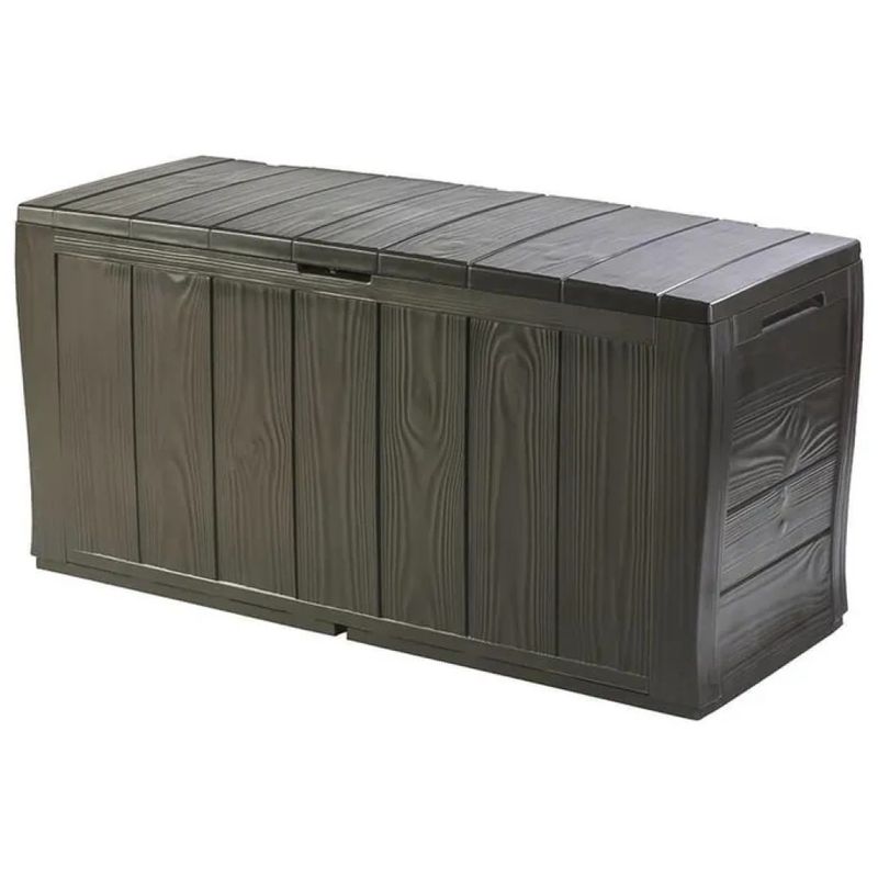 Keter Sherwood Baule da Giardino 270 L con Seduta, Ruote ed Effetto Legno Marrone