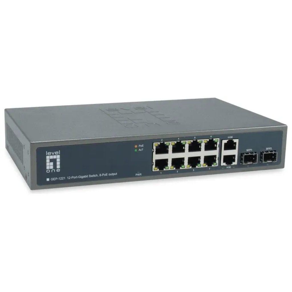 LEVEL ONE LevelOne GEP-1221 Switch Gigabit 12 porte, 8 PoE, 2 SFP, 150 W, Nero