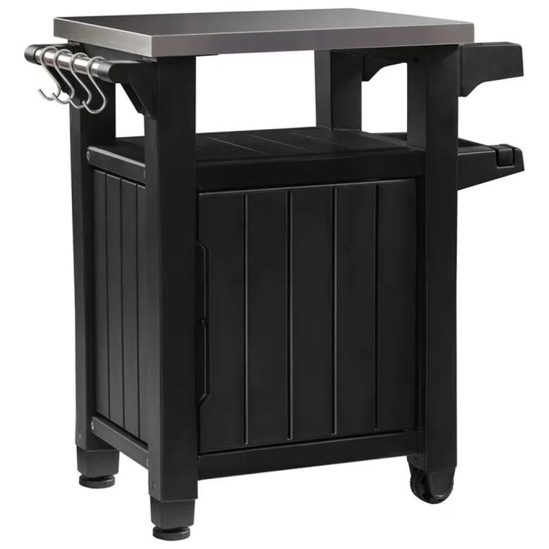Keter Unity Tavolino da Esterno per Barbecue con Piano in Acciaio Inox, Ruote, 70 × 54 × 90 cm, Grafite