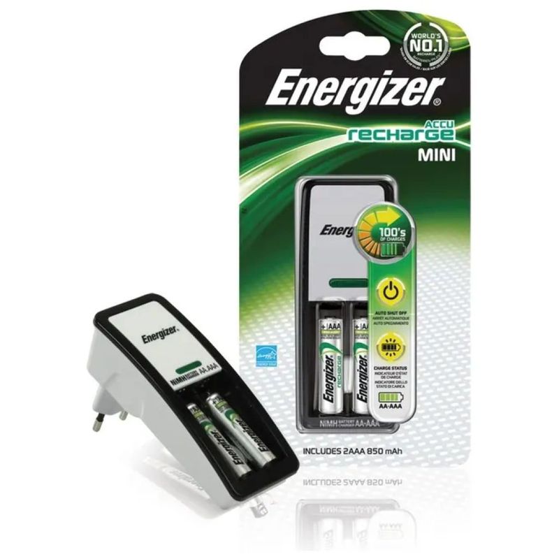 Energizer 27621 Mini caricabatterie per pile AA e AAA con 2 batterie AAA da 700 mAh