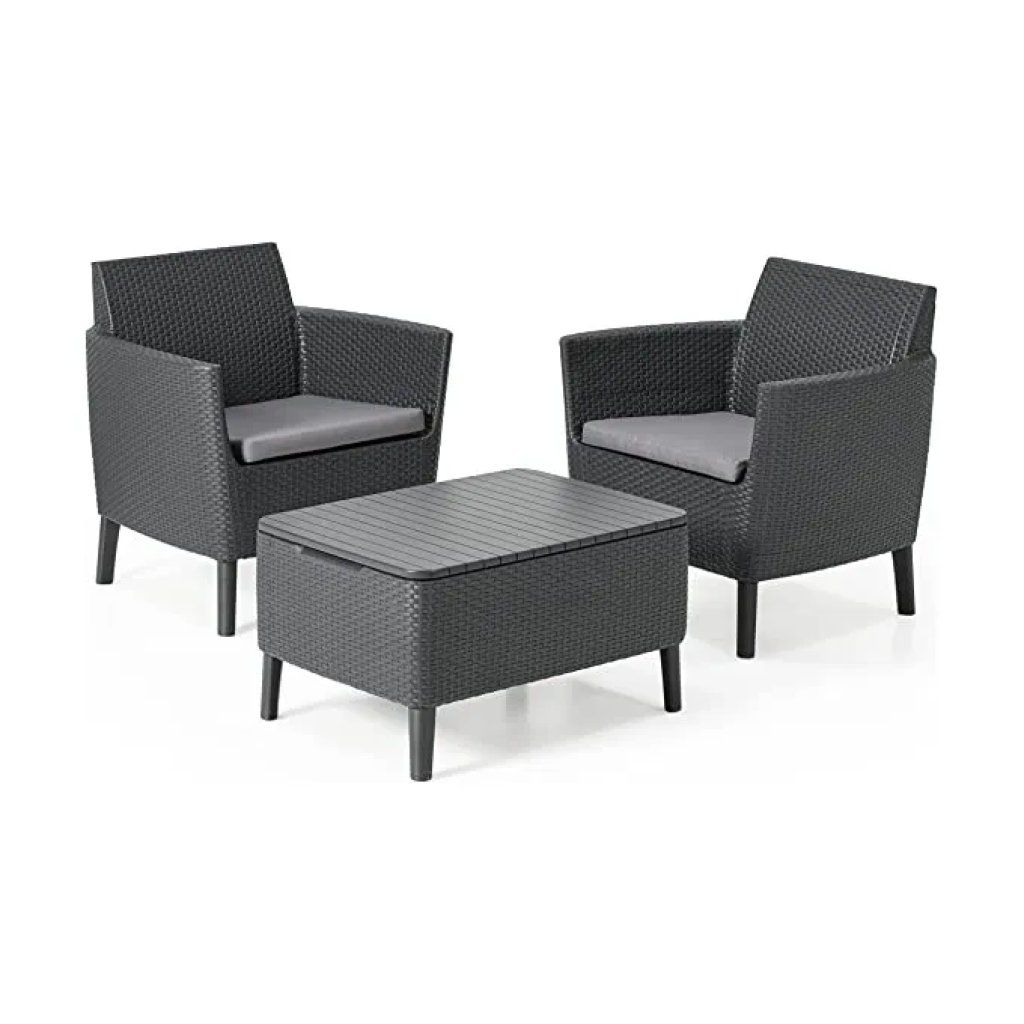 Keter Salemo Set da Balcone con 2 Poltrone e Tavolino Contenitore, Grafite Keter Salemo Set da Balcone con 2 Poltrone e Tavolino Contenitore, Grafite