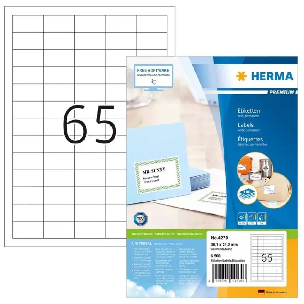 HERMA 4270 Premium – Etichette adesive A4 bianche, 38,1 × 21,2 mm, 6.500 pezzi