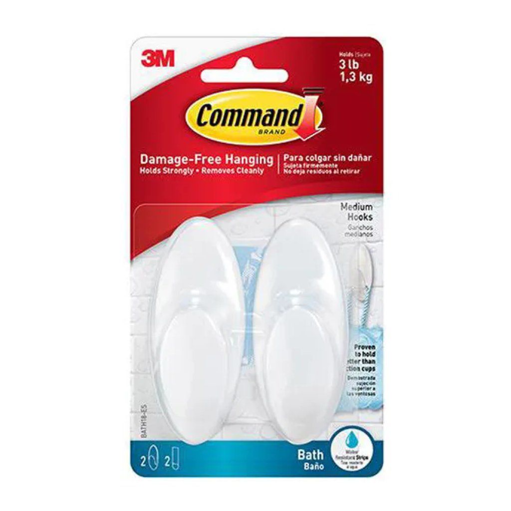 3M Command BATH18ES – 2 ganci adesivi da bagno bianchi, resistenti all’acqua, portata 1,3 kg