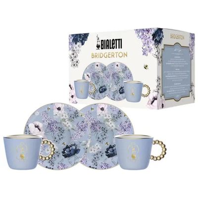 Bialetti Bridgerton Set 2 Tazzine e 2 Piattini in Porcellana Blu, 80 ml