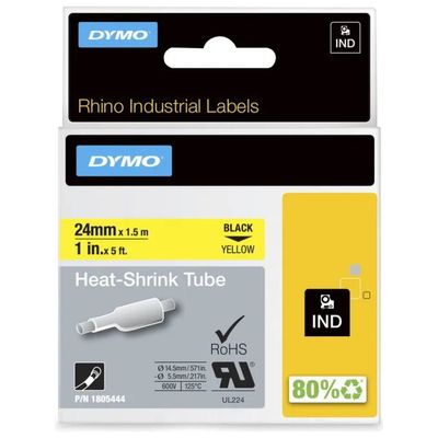 DYMO Rhino 1805444 Etichette Termoretraibili 24 mm x 1,5 m, Nero su Giallo