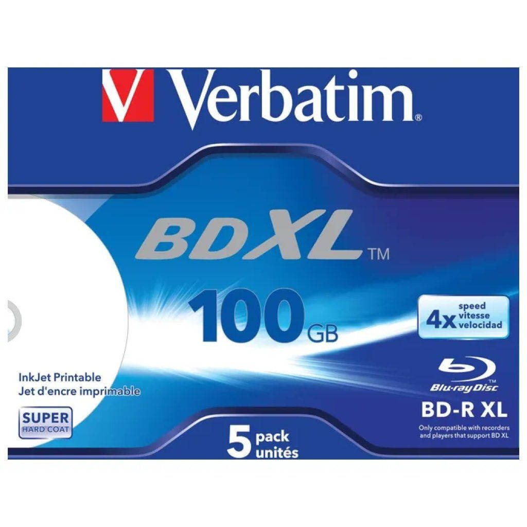 Verbatim BD-R XL 100 GB 4x Inkjet, confezione da 5