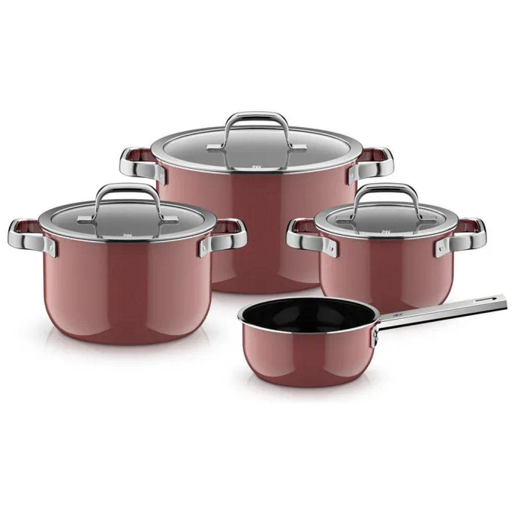 WMF Fusiontec Mineral Pro Set di 4 Pentole Rosa con Coperchio in Vetro WMF Fusiontec Mineral Pro Set di 4 Pentole Rosa con Coperchio in Vetro