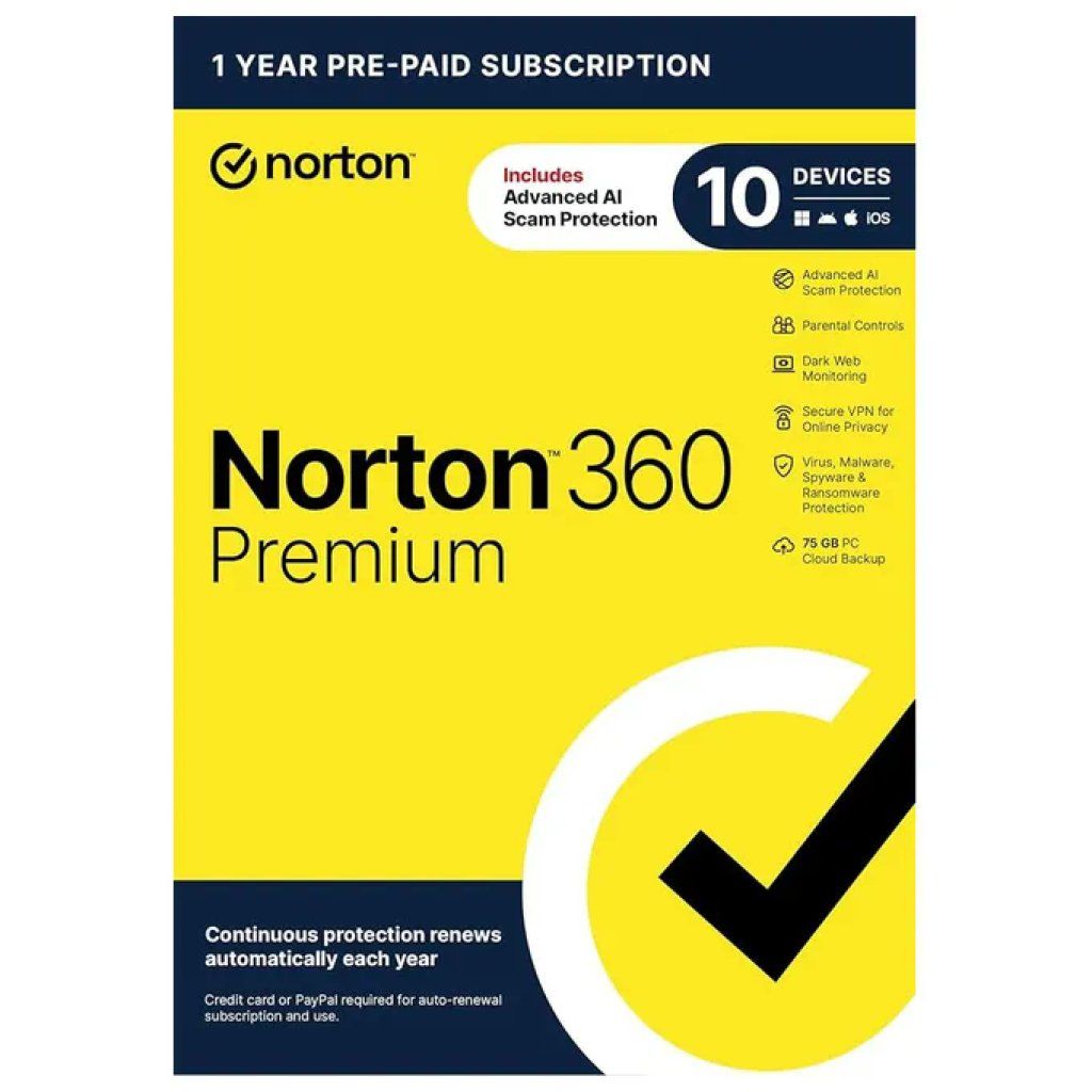 Norton 360 Premium 2026 – Antivirus per 10 dispositivi, 12 mesi, 75 GB