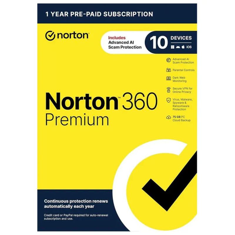 Norton 360 Premium 2026 – Antivirus per 10 dispositivi, 12 mesi, 75 GB
