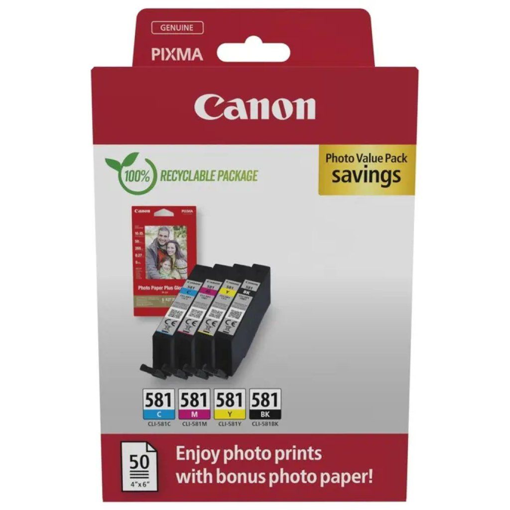 Canon PGI-580/CLI-581 Multipack Inchiostro Originale, 4 Cartucce + Carta Fotografica