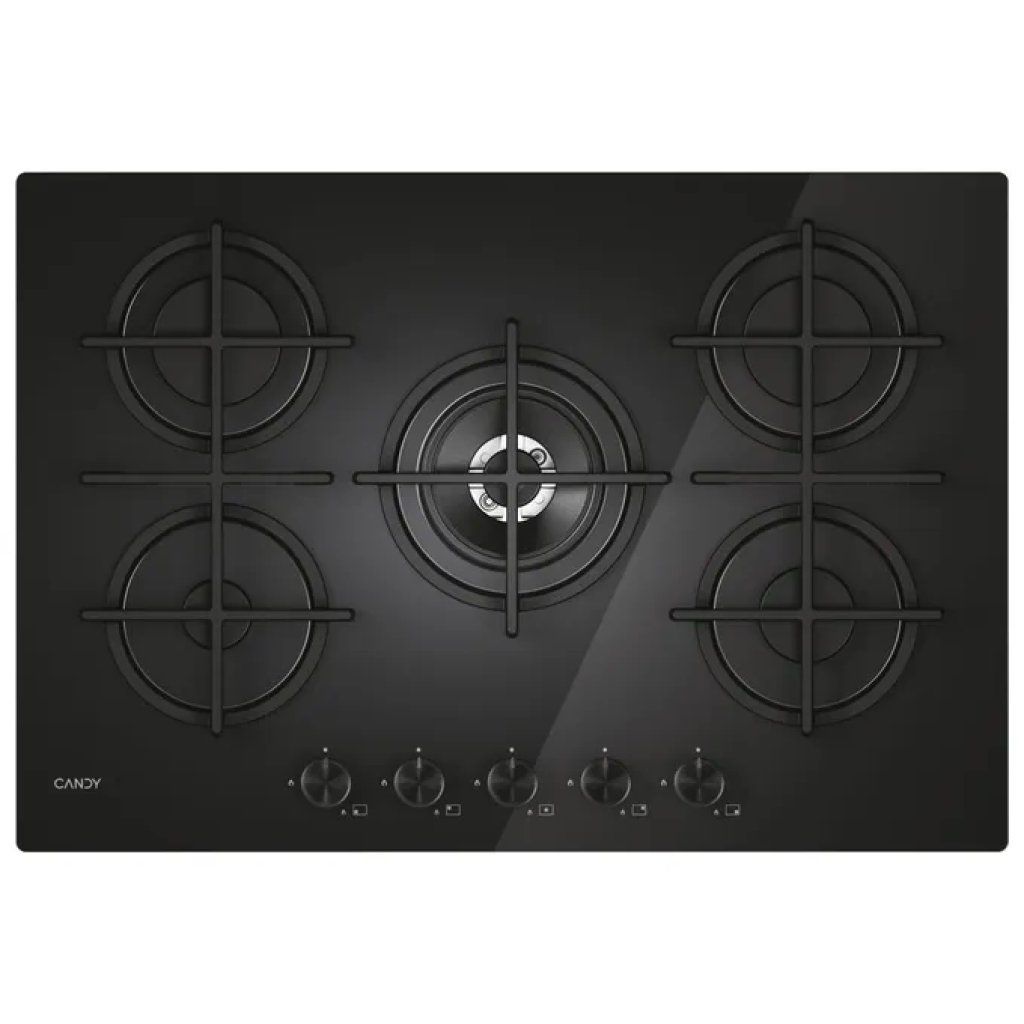 Candy CVG74WTB Piano Cottura a Gas 5 Fuochi, 75 cm, Vetro Nero