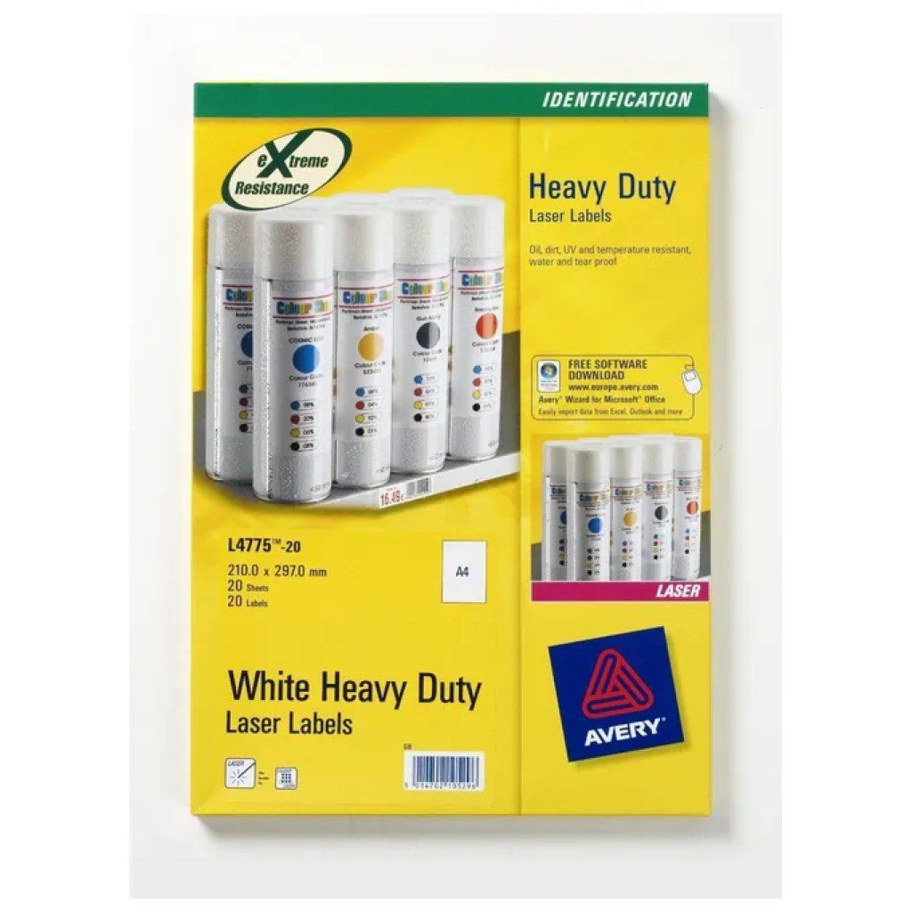 Avery L4775-20 Etichette A4 in Poliestere Bianco Impermeabile, 20 Fogli