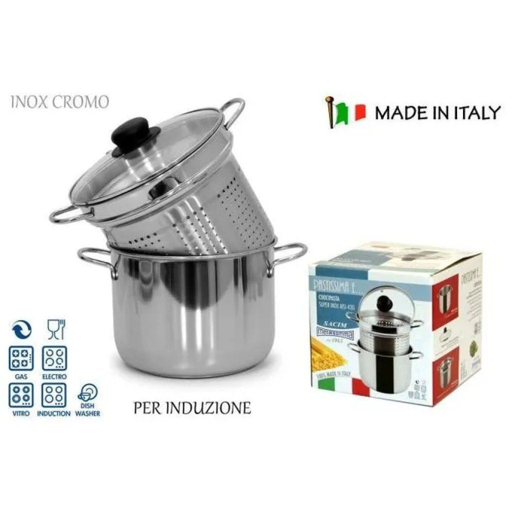 SACIM Pastissima Pentola per Pasta in Acciaio Inox con Coperchio in Vetro SACIM Pastissima Pentola per Pasta in Acciaio Inox con Coperchio in Vetro