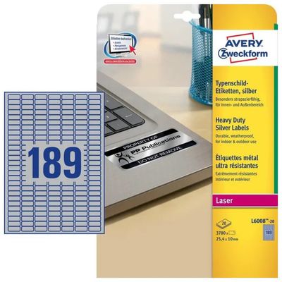 Avery L6008-20 – Etichette adesive in poliestere argento, 24,5 × 10 mm, per stampanti laser