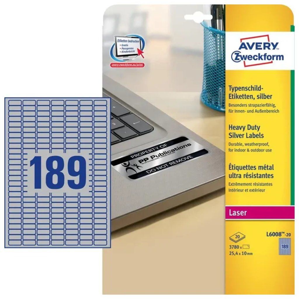 Avery L6008-20 Etichette in Poliestere 189 et-fg 20 fogli A4 resistenti laser 24.5x10 mm colore Argento Avery L6008-20 Etichette in Poliestere 189 et-fg 20 fogli A4 resistenti laser 24.5x10 mm colore Argento
