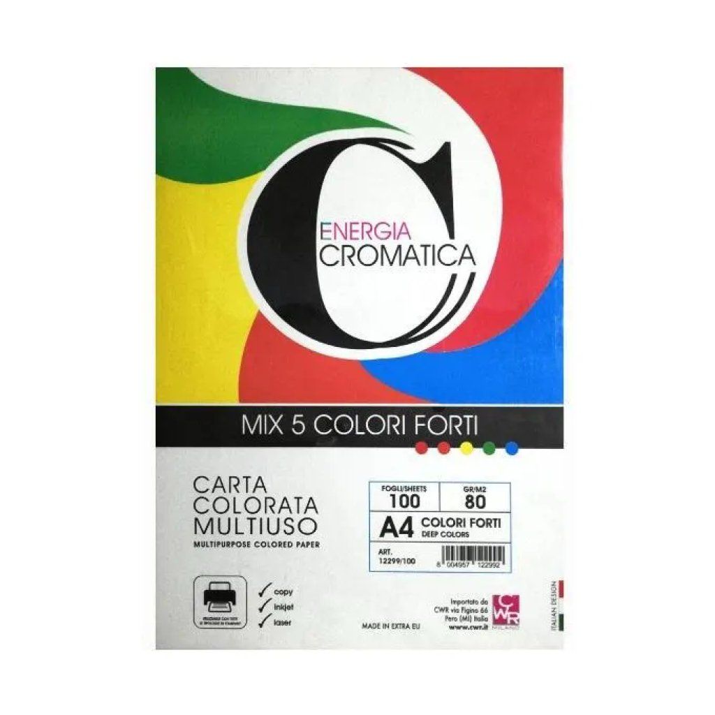 CWR Carta Colorata A4 80 g/m², 100 Fogli, 5 Colori Forti