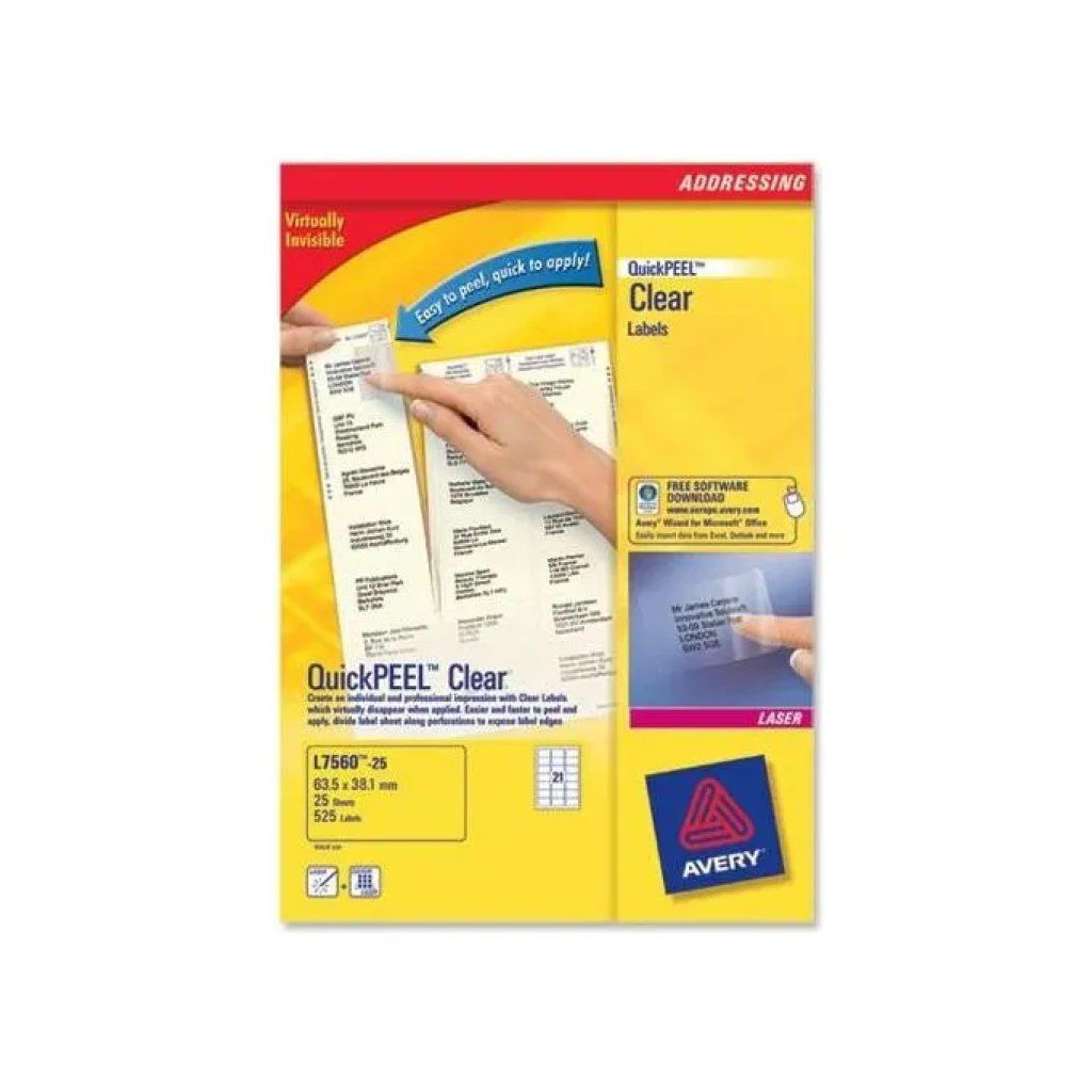 Avery L7560-25 Etichette Autoadesive Trasparenti per Indirizzi 63,5x38