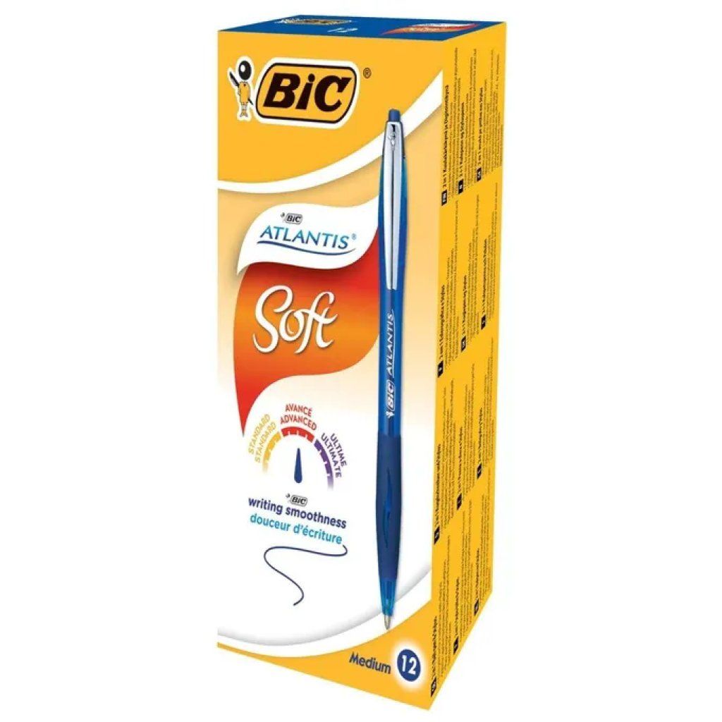BIC Atlantis Soft – Confezione da 12 penne a sfera blu, punta media