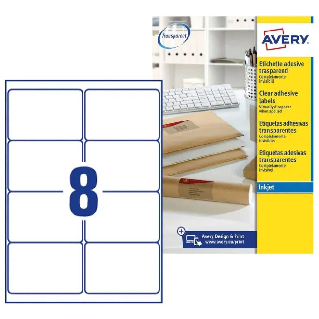 Avery J8565-25 Etichette trasparenti in poliestere, 99,1 × 67,7 mm, 200 pezzi Avery J8565-25 Etichette trasparenti in poliestere, 99,1 × 67,7 mm, 200 pezzi