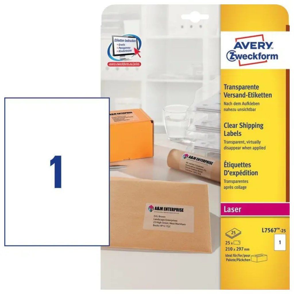 Avery 403919 Etichette Trasparenti Lucide A4, 25 Fogli