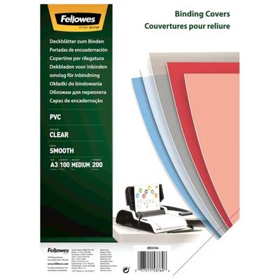 Fellowes 53764 Copertine per Rilegatura A3 in PVC Trasparente, 200 Micron, 100 Pezzi