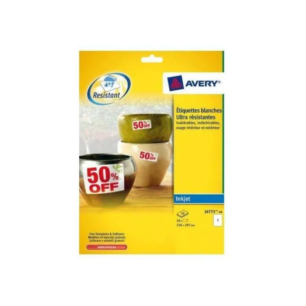 Avery J4775-10 – Etichette adesive A4 in poliestere bianco, 10 fogli Avery J4775-10 – Etichette adesive A4 in poliestere bianco, 10 fogli