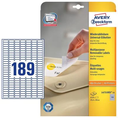 Avery Zweckform L4731REV-25 – Etichette rimovibili 25,4 × 10 mm, 189 pezzi