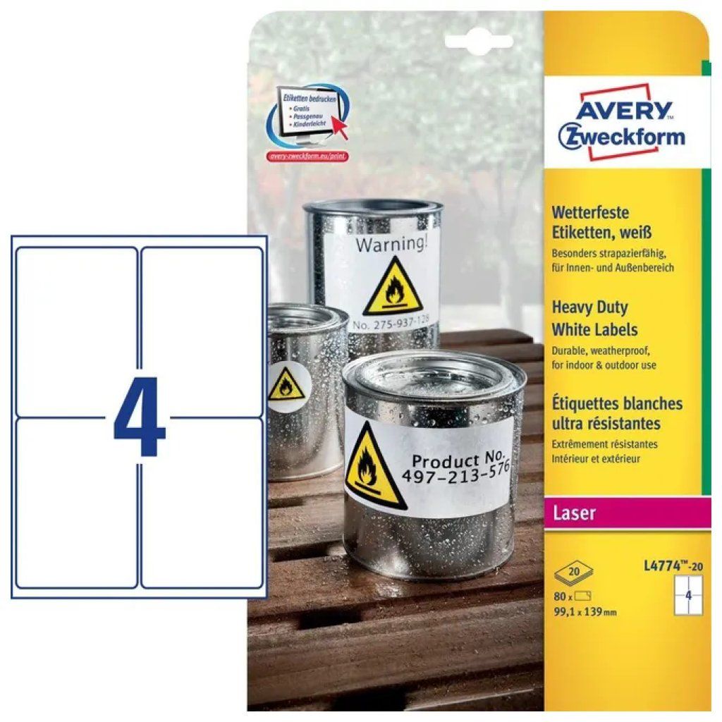 Avery L4774-20 Etichette adesive in poliestere bianco, 99,1 x 139 mm, 80 etichette