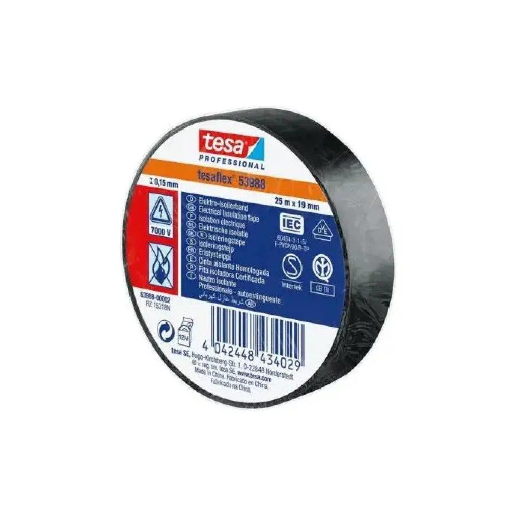 TESA Nastro Isolante Nero in PVC, 10 Rotoli da 25 m × 19 mm TESA Nastro Isolante Nero in PVC, 10 Rotoli da 25 m × 19 mm